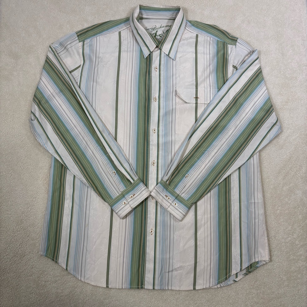 Tommy Bahama Shirt Men's Large Button Up Long Sleeve Silk Blend White w Stripes